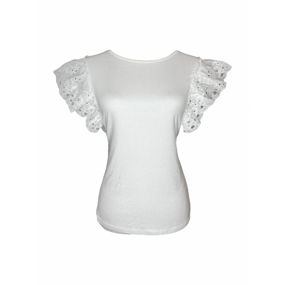 Patrizia Luca Womens Ruffle Sleeve White T-shirt Size S Tee Round Neck Eyelet - Picture 1 of 3